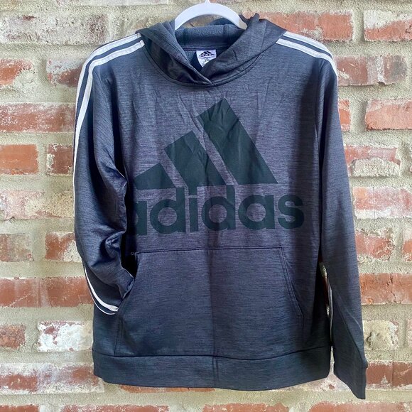 Adidas Boys Hoodie, Gray with White Stripes, Front Pocket Pouch, Size L-14/16. - Picture 1 of 6
